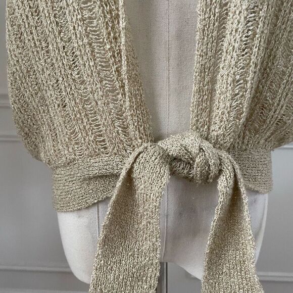 Vintage Glentex Tan Gold Shrug Sweater Tie Front Cardigan Open Weave OSFM S M - Picture 3 of 8
